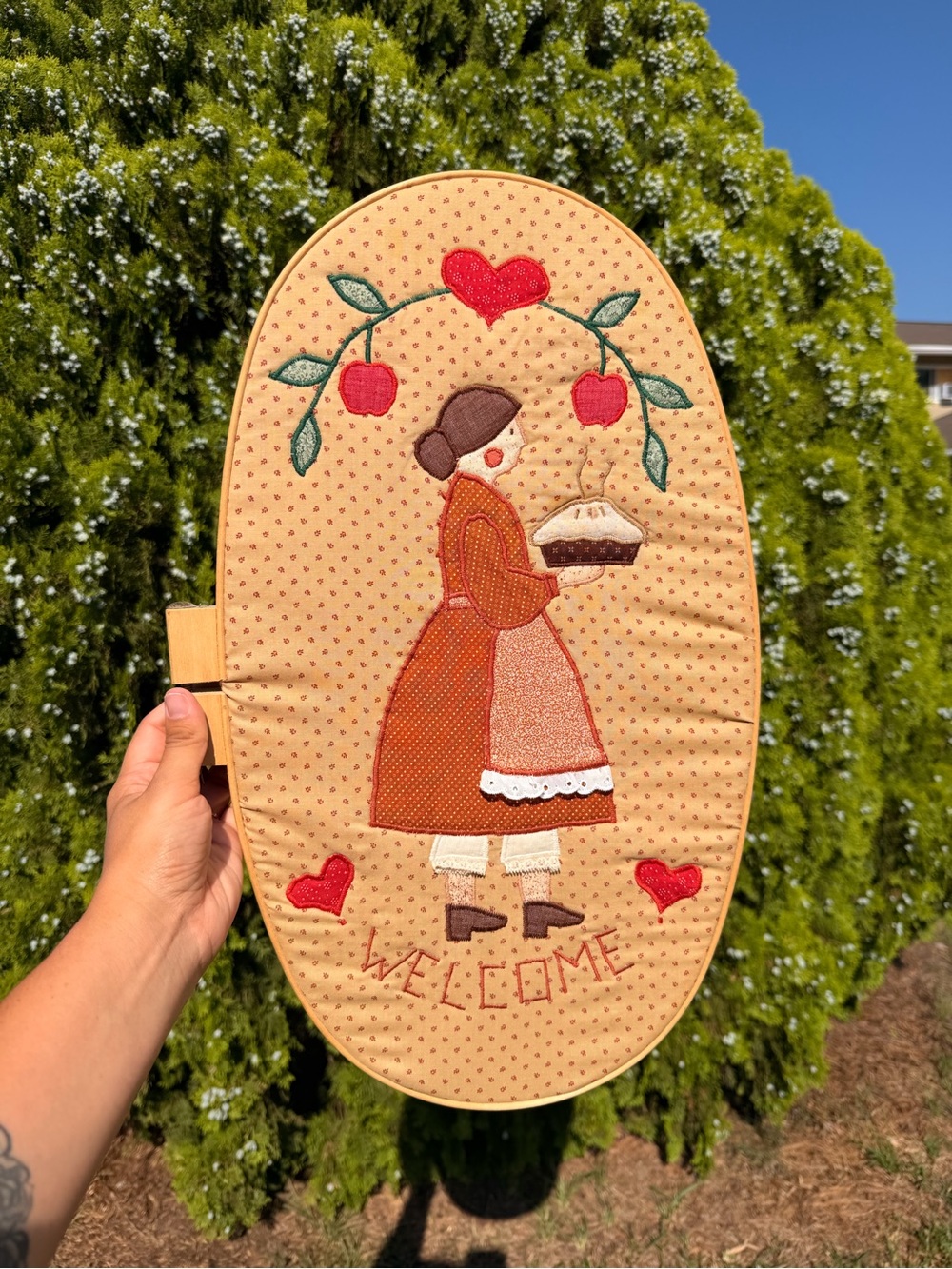Vintage Handmade Welcome Wall Hanging Pie Lady Embroidered Cottagecore Decor